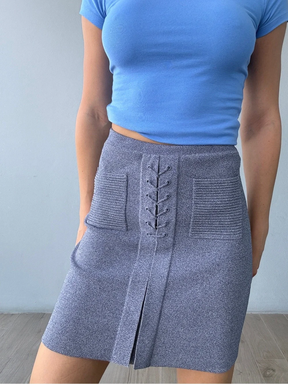 Knit Lace-Up Pocket Skirt in Heather Blue